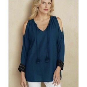 Soft Surroundings Chandra Embellished Top Navy Blue Tassel Women's Large NEW